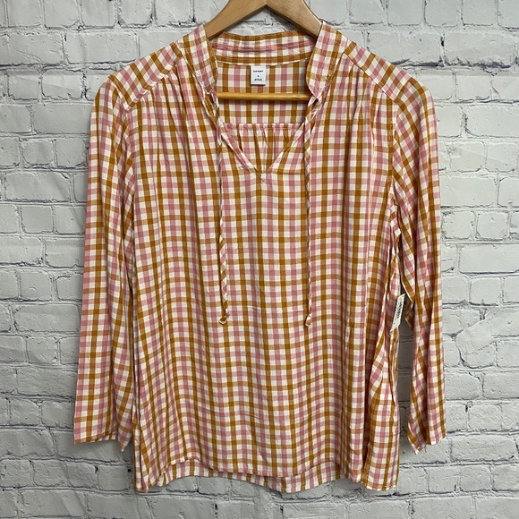 Old Navy plaid mandarin collar tie neck top - Picture 2 of 4